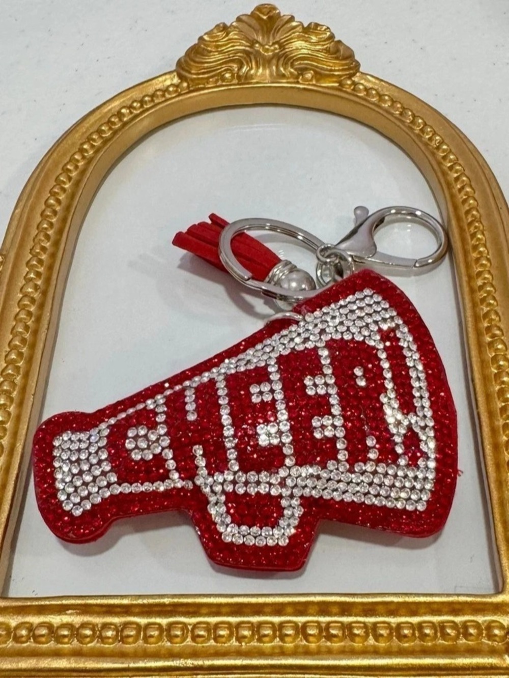 New Red & Silver Rhinestone Cheer Megaphone Keychain